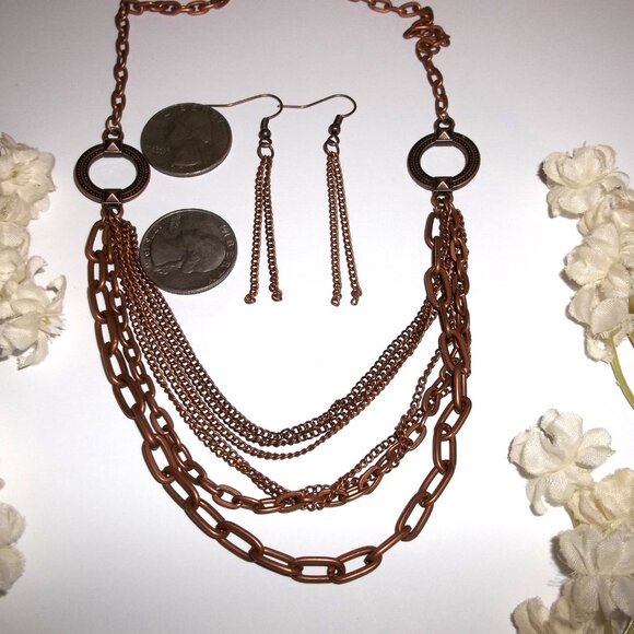 Boho Style Copper Necklace Earrings Chain Fashion Jewelry Accessory Set Lot C710 - Picture 2 of 4